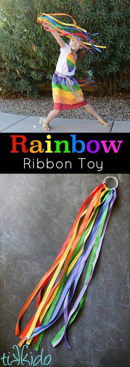 Collage of images of Rainbow Ribbon Toys with text overlay reading "Rainbow Ribbon Toy."