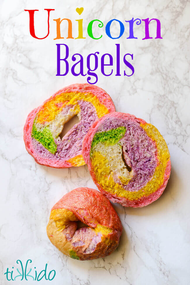 Unicorn Bagels (also known as rainbow bagels) are plain bagels made with swirls of rainbow colored dough.