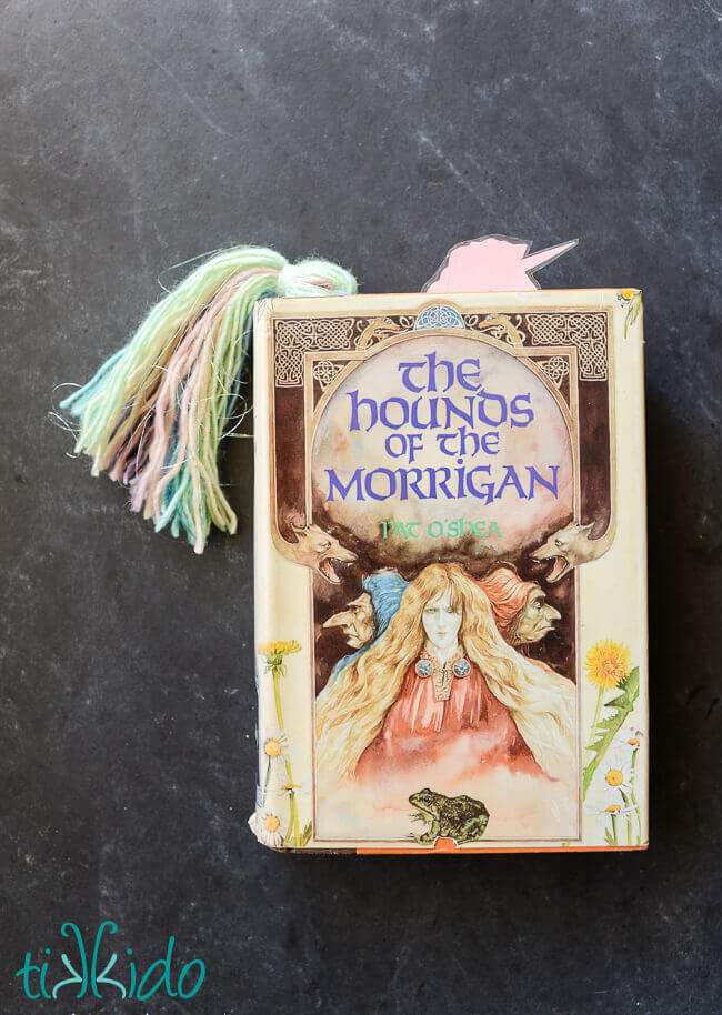 unicorn bookmark peeking out of The Hounds of the Morrigan book.