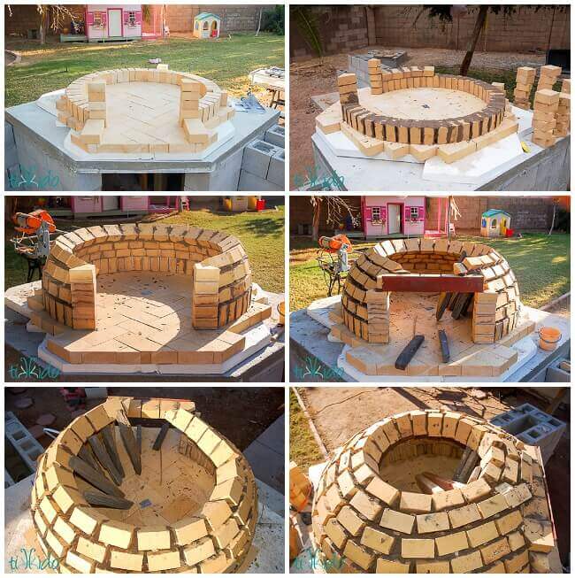 Collage of building the dome of the wood fired pizza oven with firebricks