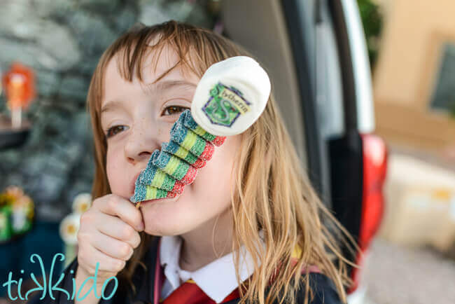 Little girl eating a Harry Potter Candy Kebab with the Slytherin house crest.