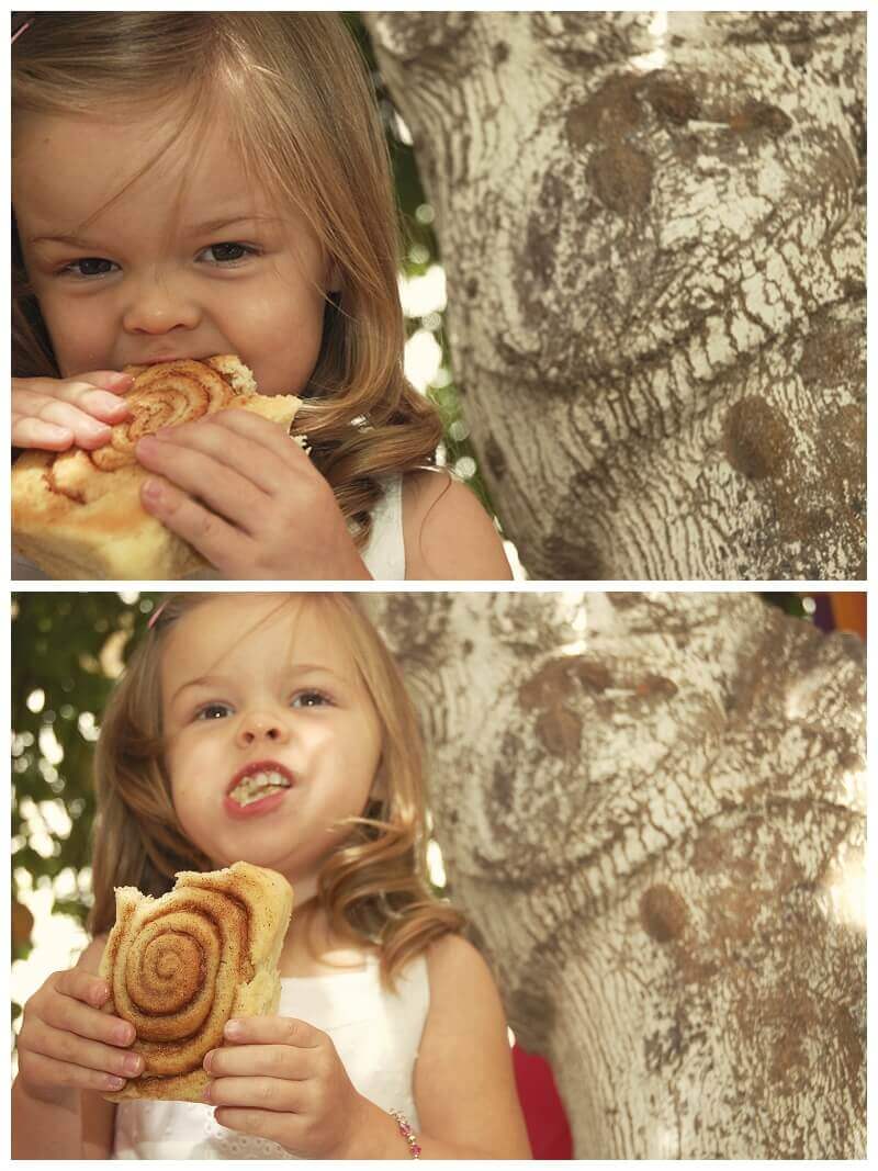 Collage of little girl eating a giant cinnamon roll
