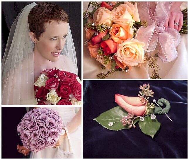 Collage of photos of wedding bouquets sparkling with Swarovski crystal stems.