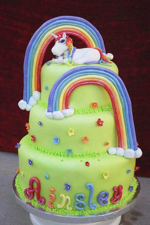 Rainbow Unicorn birthday cake covered in fondant with gum paste unicorn and rainbows.