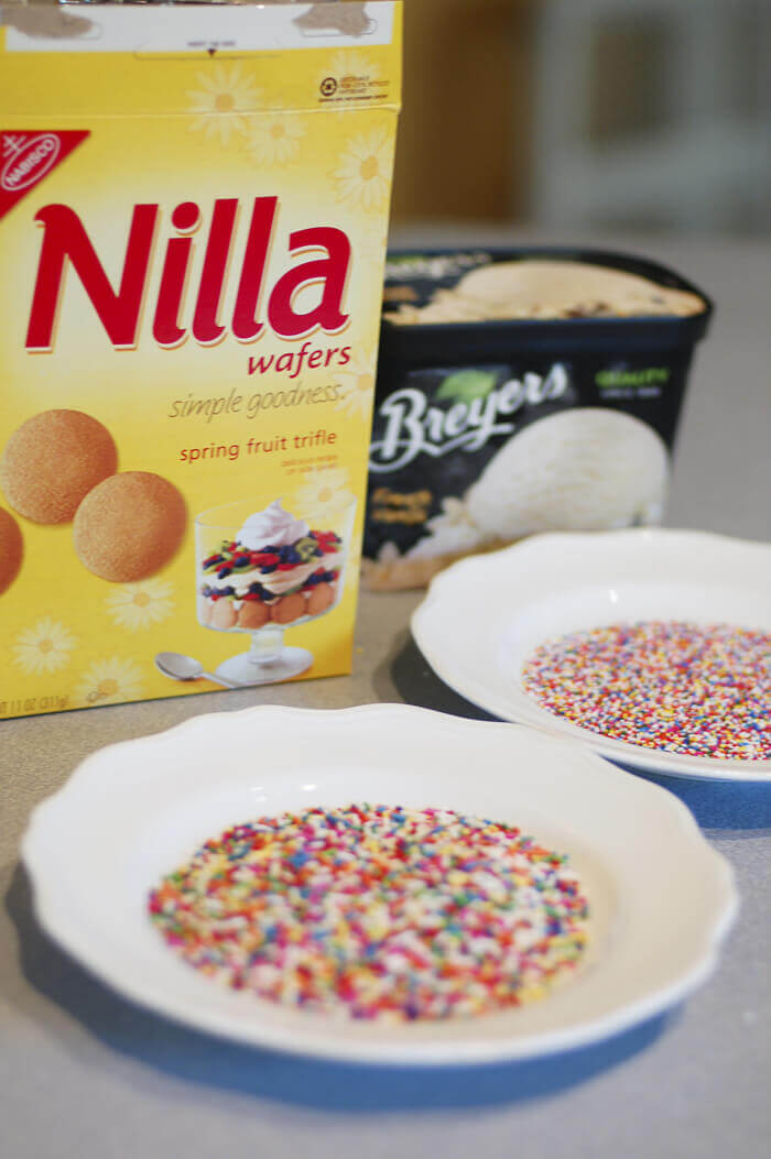 White plate filled with rainbow sprinkles, box of Nilla wafers cookies, and container of vanilla ice cream.
