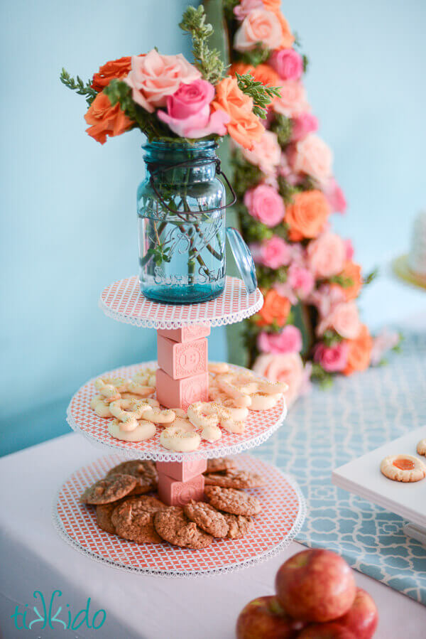 DIY tiered tray filled with cookies at the A is for Addalyn First Birthday Brunch
