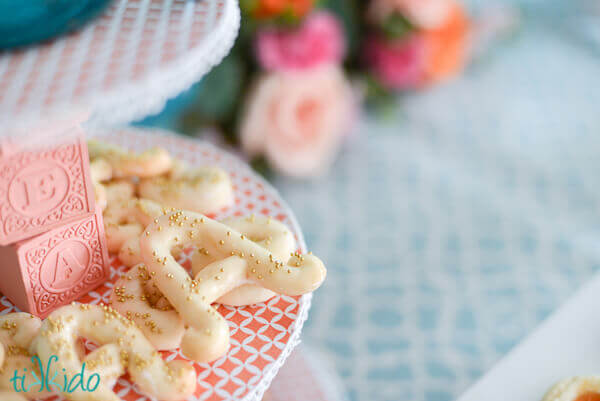 Almond cookies shaped into A shapes at the A is for Addalyn First Birthday Brunch