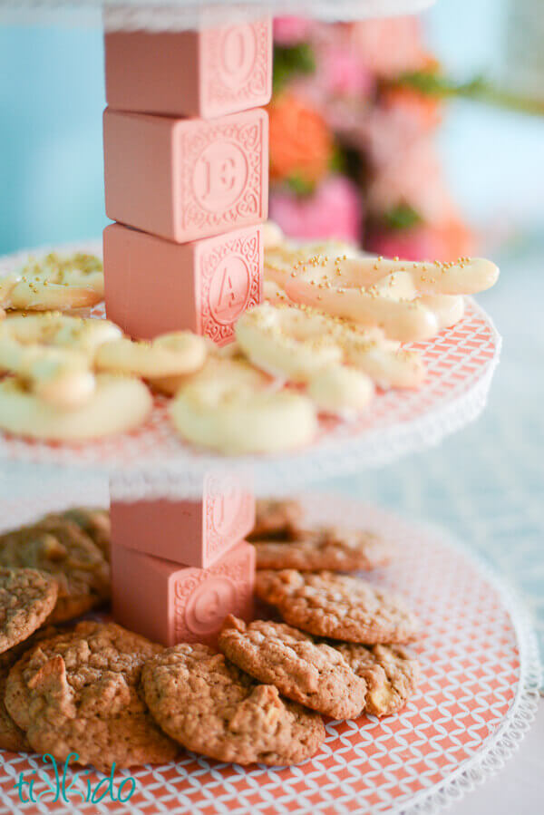 Apple oatmeal cookies on a DIY tiered serving tray made with painted baby blocks.