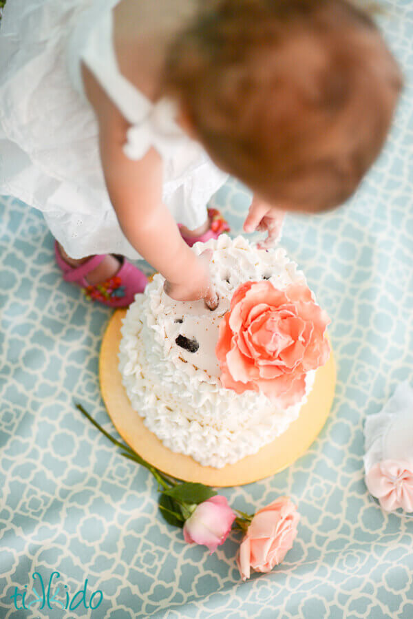 One year old little girl tasting the icing from a two tier cake decorated in white frosting ruffles and a gum paste peony.