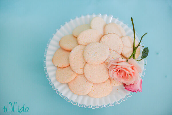 Angel food macaroon cookies on a white serving tray