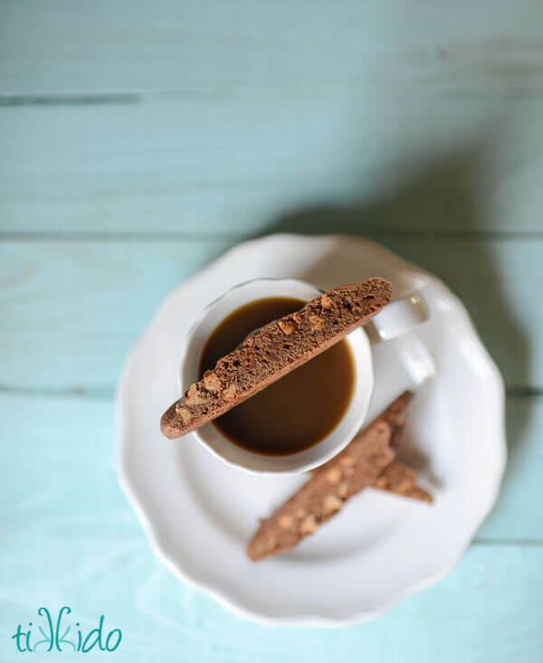 Peanut Butter and Chocolate Biscotti Cookies are perfect with a cup of coffee.