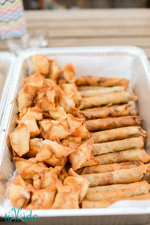 Catering pan filled with Filipino lumpia.