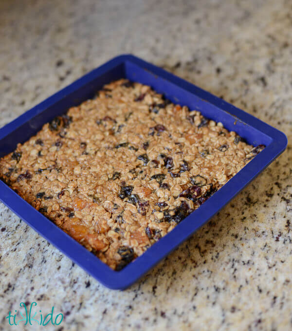 Soft Granola Bars baked in a square silicone baking pan.