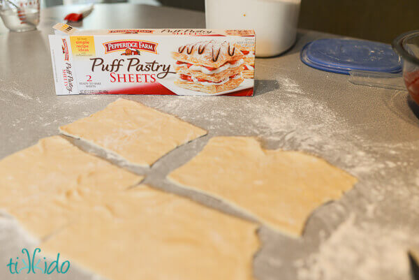 Puff pastry cut into rectangles.