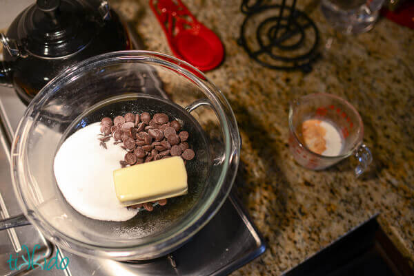 Hot Fudge Sauce being melted and made in a double boiler.