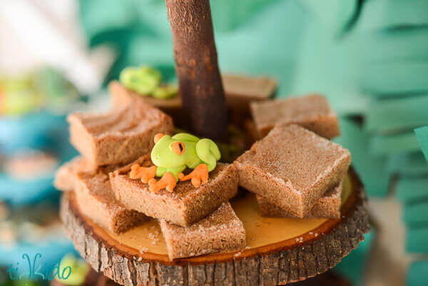 Snickerdoodle blondies topped with a gum paste tree frog at the Jungle Party