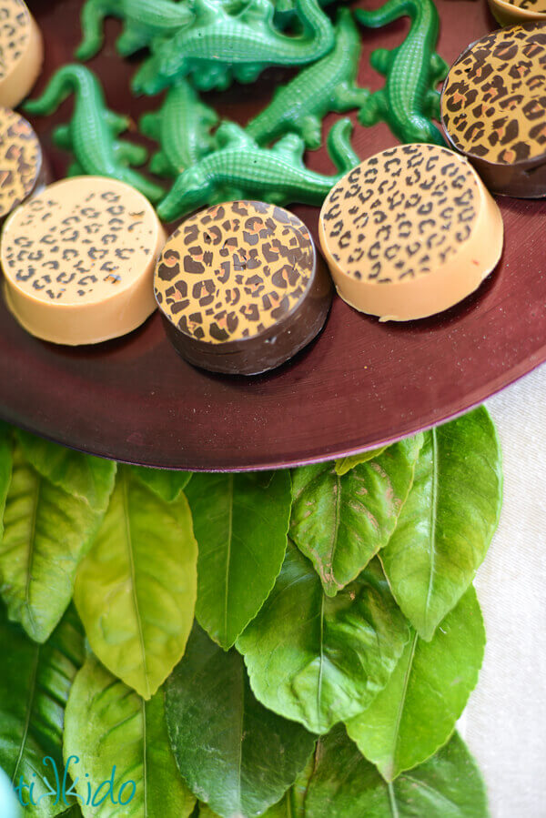 Jungle Party chocolate treats on a plate on a table runner made from real leaves.
