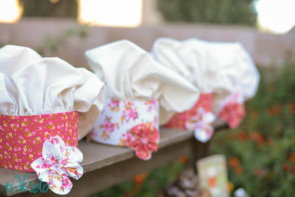 Colorful fabric chef hats for the Mud Pie Bakery birthday party.