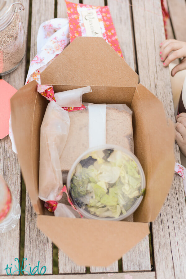 Boxed lunch at the Mud Pie Bakery Party.