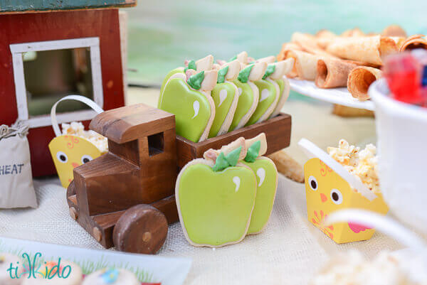 Apple cookies in an antique wooden toy truck at the My Little Pony Birthday