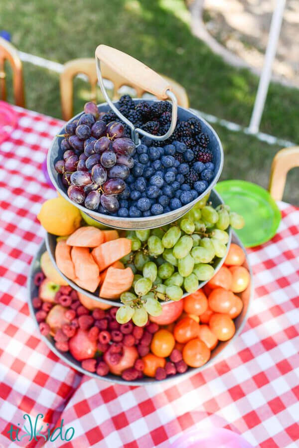 tiered metal tray full of a rainbow of fresh fruit at the My Little Pony birthday