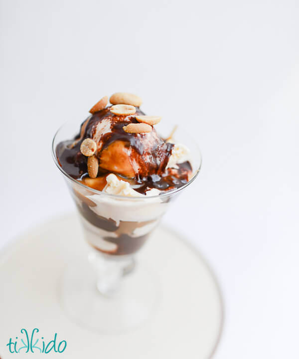 Vanilla ice cream topped with peanuts,  peanut butter caramel ice cream topping, and hot fudge.