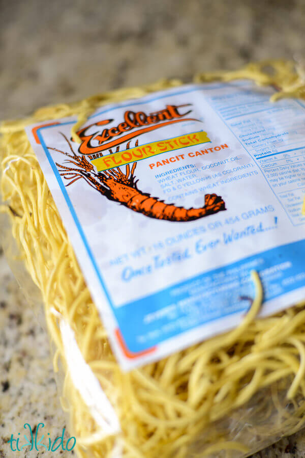 Package of pancit Canton wheat noodles for making homemade pancit, a Filipino noodle dish.