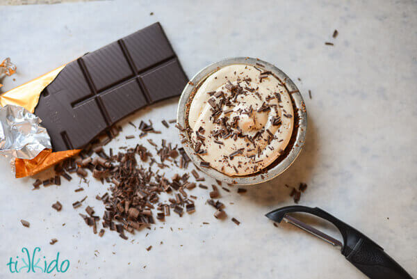 No bake Peanut Butter Pie with chocolate graham cracker crust, covered in chocolate shavings.