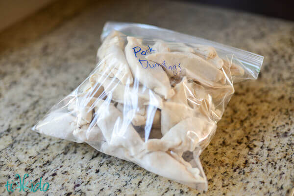 Frozen Chinese Dumplings in a gallon size ziplock bag on a granite counter.