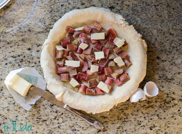 Rhubarb and pats of butter in a pie crust for rhubarb custard pie.