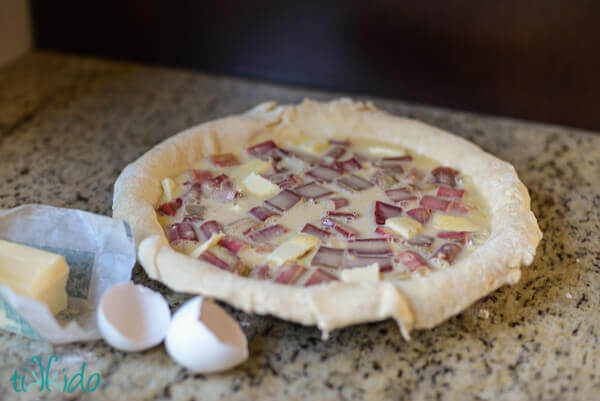 Unbaked rhubarb custard pie filling in pie tin.