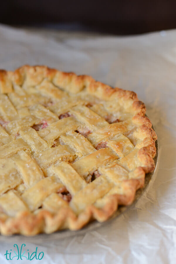 Lattice crust rhubarb custard pie on a white paper background.