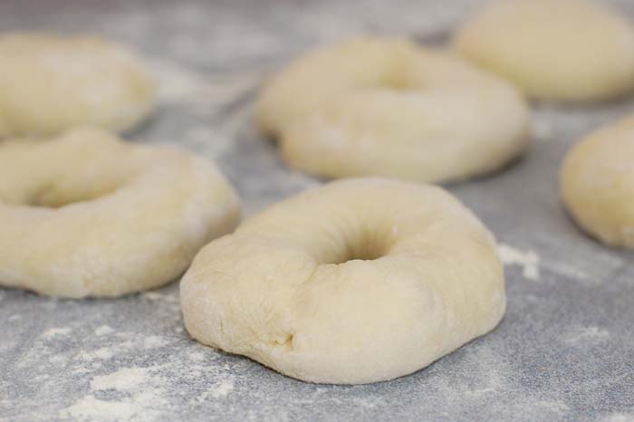 Bagel dough formed into bagel shapes to make homemade bagels.