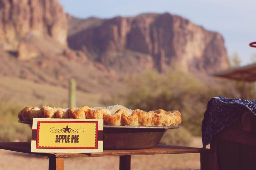 Homemade apple pie at a picnic in front of the Superstition mountains.