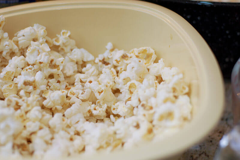 Popcorn in a microwave popcorn bowl.