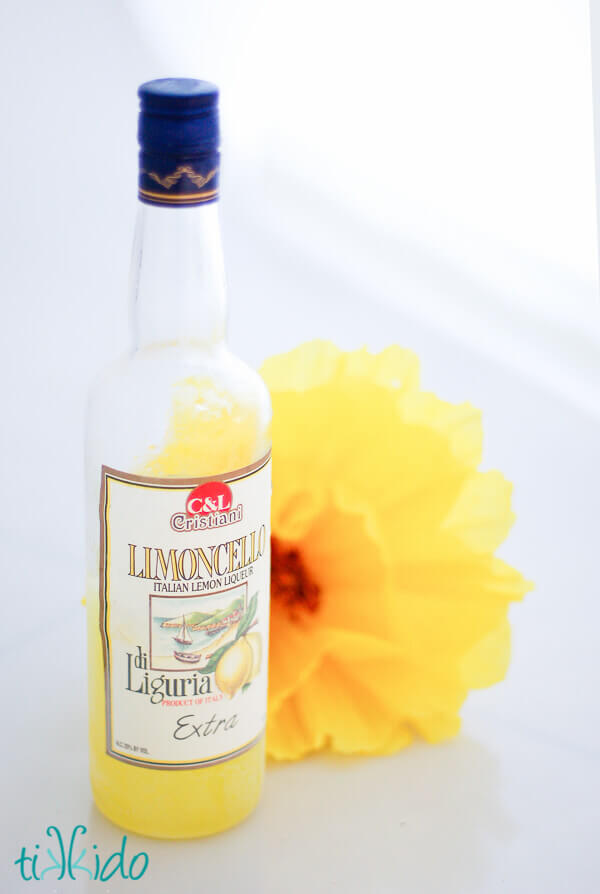 Limoncello bottle, half empty, in front of a large, yellow, Mexican tissue paper flower on a white background.