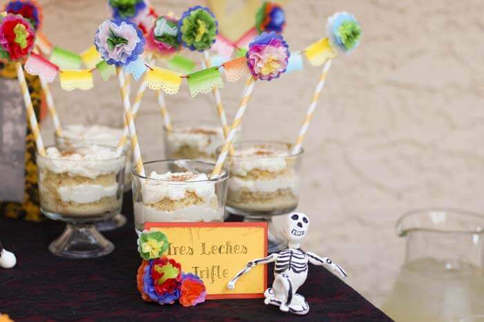 Miniature Mexican papel picado bunting decorating tres leches cake.
