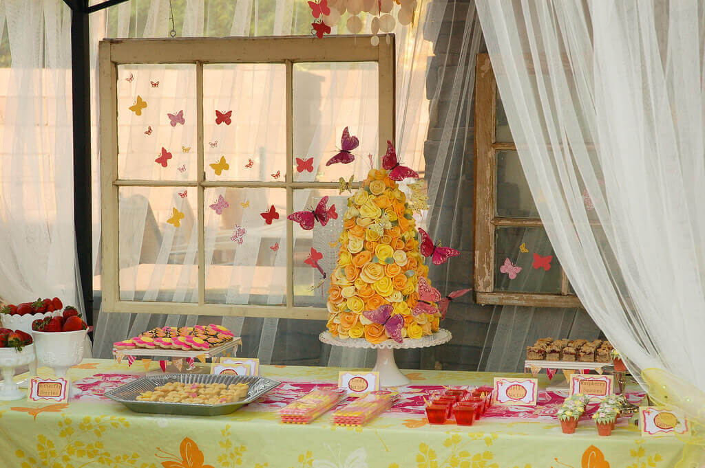 Butterfly party antique windows dessert table