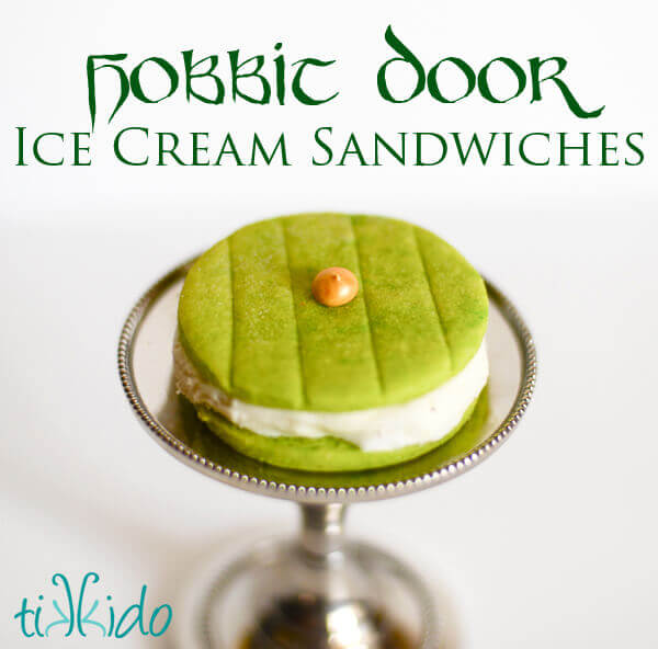 Ice cream sandwich that looks like Bilbo Baggins' round, green hobbit door on a small metal stand.