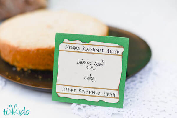 Bilbo's seed cake on the dessert table at the Lord of the Rings birthday party.