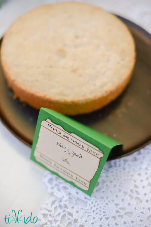 Bilbo's seed cake on the dessert table at the Lord of the Rings birthday party.