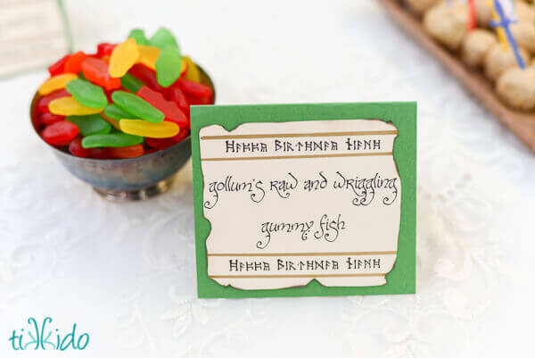 Gollum's raw and wriggling (gummy) fish from the dessert table at the Hobbit birthday party.