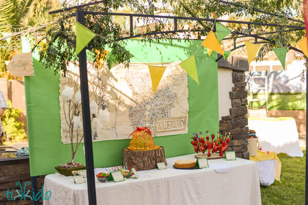 Hobbit birthday dessert table, featuring Bard the Bowman's Arrow Fruit Skewers