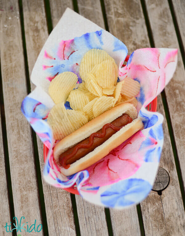 4th of July hot dog fireworks tie dye napkin