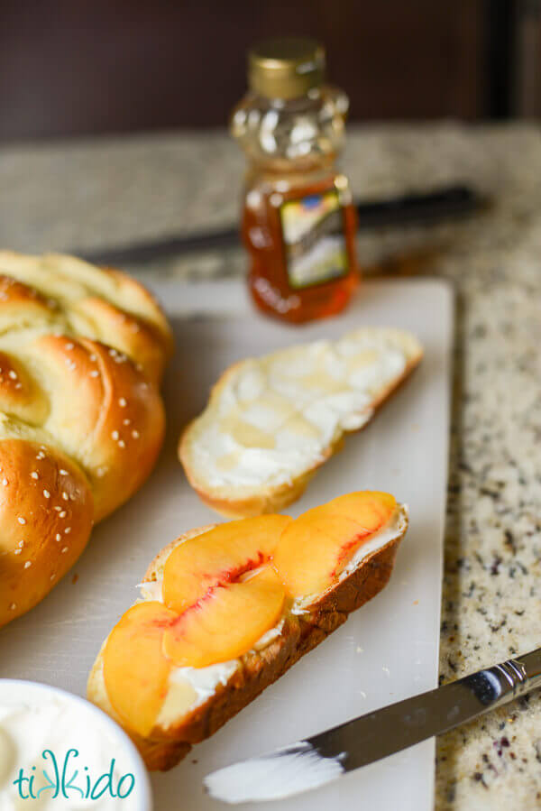 Mascarpone, honey, and peach grilled cheese on challah bread.