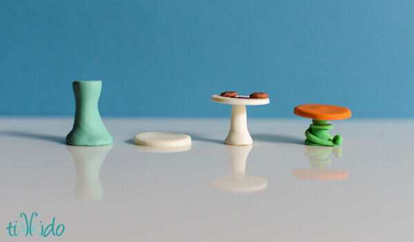 Process for making miniature gum paste cake stands for tea party cupcakes.
