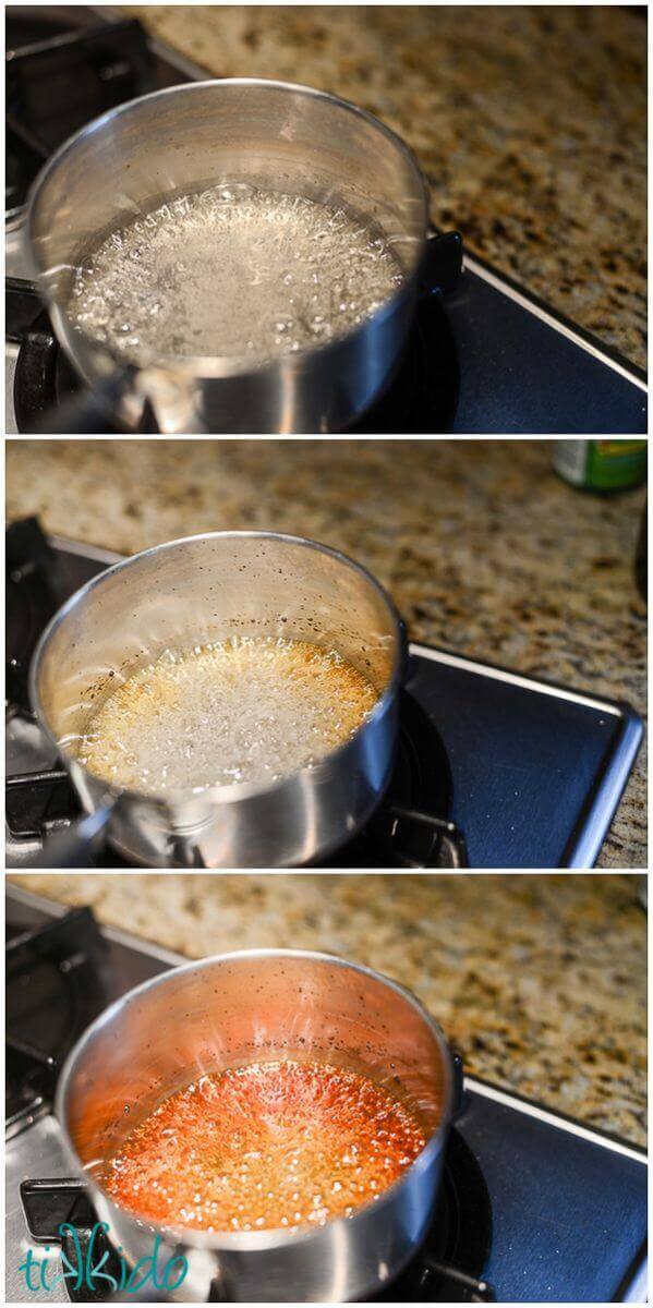 Collage of images showing melted sugar caramelizing and becoming more golden to make caramel.