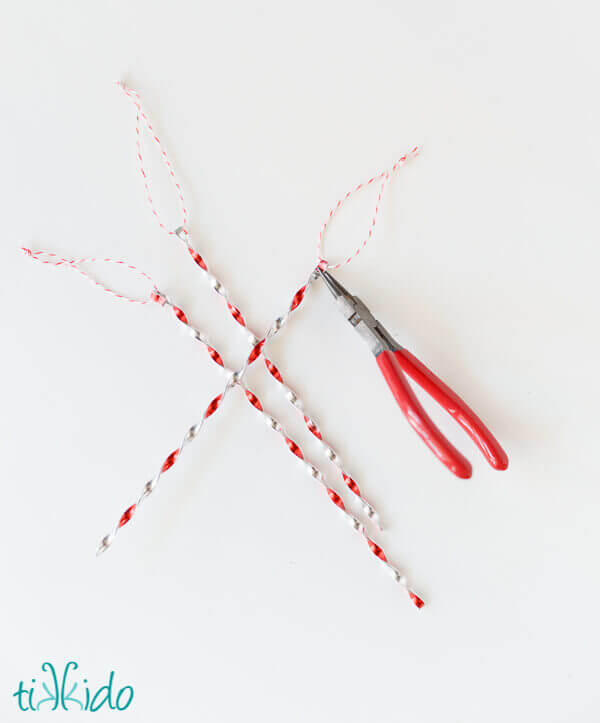 DIY Victorian Tinsel icicle Ornaments in red and white.