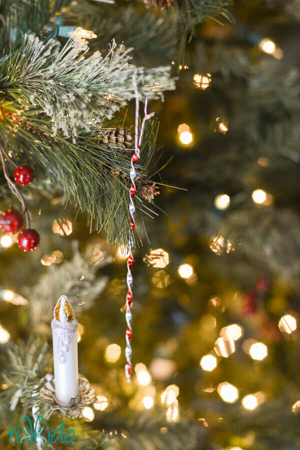 Victorian Tinsel Ornament on a Christmas tree.