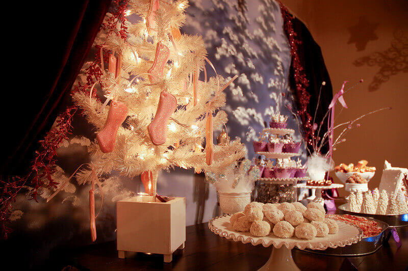 Dessert table from the Sugar Plum Fairy birthday party, featuring ballet shoe cookies made with a custom cookie cutter.